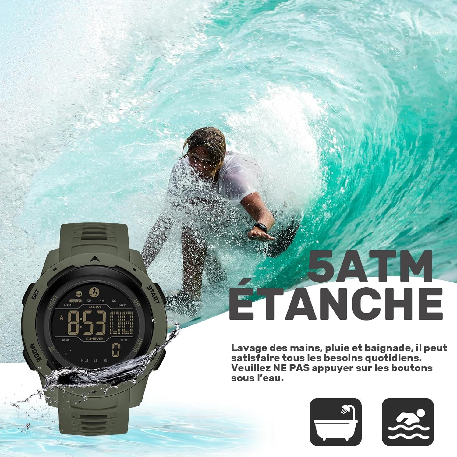 Montre de Sport numérique Militaire pour Homme étanche 50M avec chronomètre Alarme Compte à rebours Double Temps